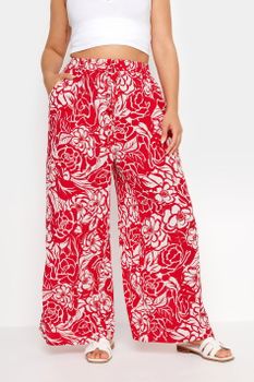 Yours Pantalones Rojos Florales Tejido Transpirable, Mujer Curvy Y Tallas Grandes, Yours