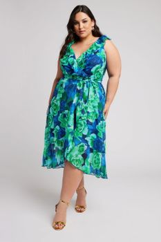 Yours London Vestido Con Volantes Sin Mangas De Flores Azules Y Verdes, Mujer Curvy Y Tallas Grandes, Yours London