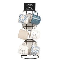 set de 6 tazas de ceramica blanca y azul con motivos decorativos y soporte de metal