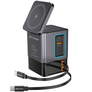 [GaN Tech] Blitzwolf BW-i116 Max 105W Estación de Carga de Escritorio 6-en-1 con Cable Telescópico Doble Type-C Integrad
