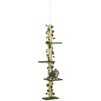 PawHut Árbol para Gatos del Suelo al Techo 37x21x202-242 cm con Altura Ajustable 4 Plataformas de Césped Artificial Verde   Aosom España