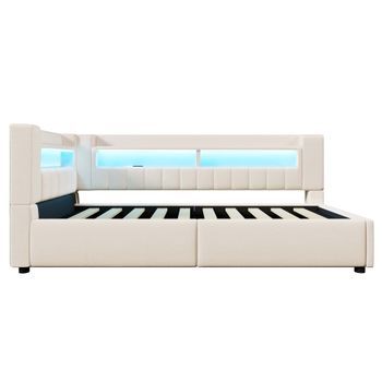 Cama Individual 90x200 Cm - Almacenamiento Hidráulico, Usb Tipo-c, Led, Sofá Cama, Estilo Minimalista - Beige