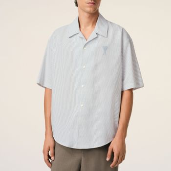 AMI Camp Collar Pinstriped Cotton Shirt - M