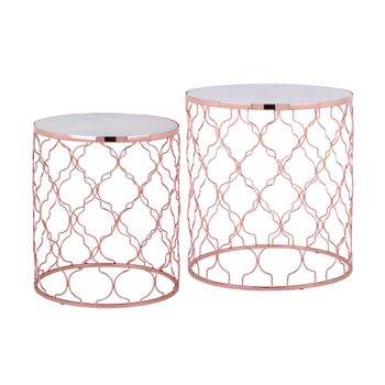 2x mesa auxiliar lateral ø40/45 cm redonda de mármol blanco y metal