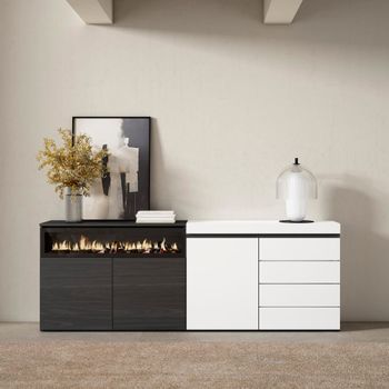 Aparador efecto madera blanco 207x35x75cm chimenea efecto fuego