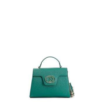 bolso de mano con solapa de saffiano con logo ovalado esmaltado a juego green