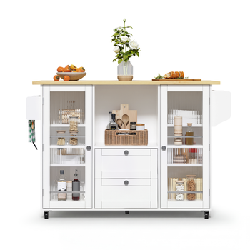 Isla De Cocina Móvil Con Encimera Extensible, Armario Con Puertas De Vidrio, 2 Cajones, Estante Para Especias, Barra Paños Y Ruedas Frenables，blanco Y Natural