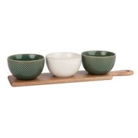 bandeja de aperitivos con 3 cuencos de ceramica con motivos graficos grises