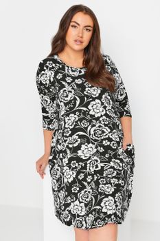 Yours Vestido Corto Floral Blanco Y Negro Con Bolsillos, Mujer Curvy Y Tallas Grandes, Yours