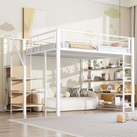 cama alta 140x200 cm de metal blanca con escalera de almacenamiento