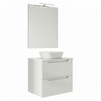 Kibath Mueble De Baño Con Lavabo, Espejo Y Aplique Led Victoria 80x45 Cm Sobre Encimera Acabado Blanco Mate 2 Cajones Suspendido