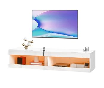Mueble de tv suspendido con luces led con control remoto compartimentos orificios pasacables 140x40x30 cm blanco brillo
