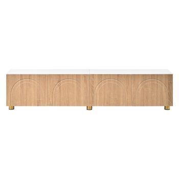 Mueble De Tv De 180 Cm De Ancho, Cuatro Puertas Con Relieve En Arco, Blanco Y Madera Natural