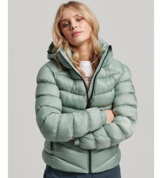 Superdry para mujer. W5011593A Cazadora acolchada con capucha Fuji verde (S), Casual, Poliéster