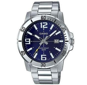 reloj deportivo hombre Casio MTP-VD01D-2B dial azul 45mm correa de acero hebilla triple pliegue resistencia al agua 50m
