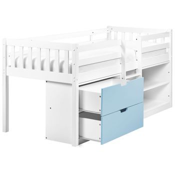 Cama Infantil De Madera De Caucho 90 X 200 Cm Con Somier De Láminas Con Cajones Y Estantes Blanco Y Azul Susville