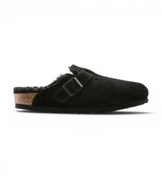 Birkenstock para mujer. 259883 Zuecos de Piel Boston Shearling (Ajuste Estrecho) negro (38), Plano, Ante, Ninguno, Casual