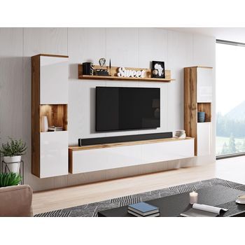 Conjunto De Muebles De Salón Paris Xl, Juego De Muebles De Salón, Mueble De Tv, Con Iluminación Led, Color Wotan/blanco Brillo