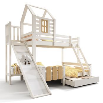 Cama De Dos Plazas 90x200 & 140x200 Cm, Cama Infantil Con Cajón, Tobogán Y Escalera, Diseño De Cabaña, Certificación En747-1:2024, 3 En 1 (sin Colchón)