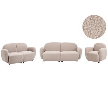 Conjunto De Sala De Estar De Estilo Retro Con Respaldo Y Reposabrazos Redondeados De Bouclé Patas De Plástico Salón Beige Jule