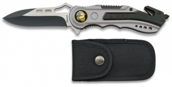 Navaja de Seguridad Cuerpos Especiales Martinez Albainox con mango de aluminio y Hoja de acero inoxidable de 8.1 cm. Incluye Punta Rompevidrio, cutter cinturón de seguridad y funda de nylon 19461GR1024