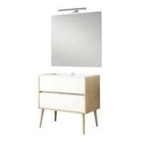 kibath mueble de bano con lavabo espejo y aplique led noruega 70x45 cm acabado roble y blanco mate 2 cajones suspendido patas decorativas incluidas
