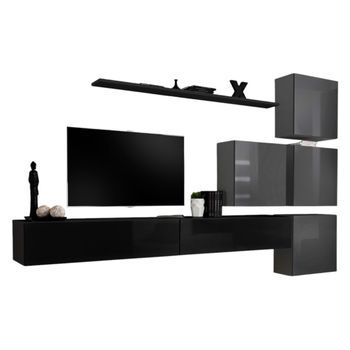 Conjunto De Muebles De Salón Mural Switch Ix Diseño, Color Negro Y Gris Brillante.