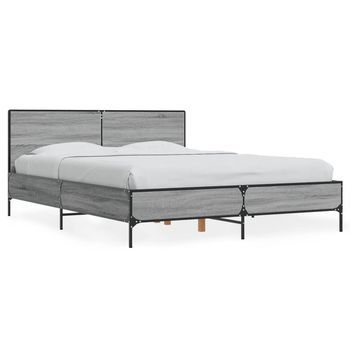 Cama Doble | Cama Para Adultos | Estructura Cama Madera Ingeniería Metal Gris Sonoma 135x190 Cm