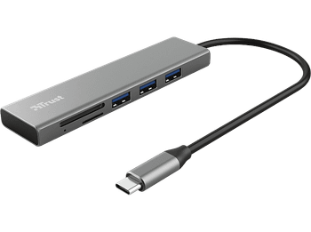Hub - Trust Halyx, 3x USB-A, Lector de tarjetas microSD, USB-C, Multiplataforma, Plata