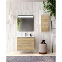 mueble de bano suspendido con lavabo ceramico  2 cajones con cierre amortiguado y organizador  60-100cm  60 cm - roble natural - cromo brillo