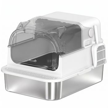 PawHut Arenero para Gatos de Acero Inoxidable XXL con Tapa Extraíble 3 en 1 Borde Alto Pedal Pala Diseño Desmontable Blanco