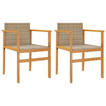 Pack 2 Uds Sillas De Jardín | Silla De Exterior | Sillón Madera Maciza Y Ratán Sintético Beige