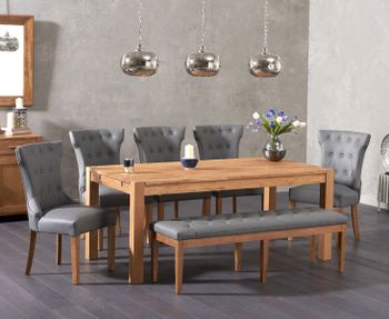 Verona 180cm Solid Oak Dining Table with Camille Grey Faux Leather Chairs and Camille Faux Leather Bench - Grey, 2 Chairs