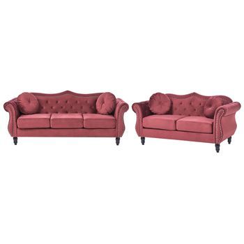Conjunto De Sala De Estar En Terciopelo Rojo Oscuro 2 Plazas 3 Plazas Apoyabrazos Enrollados Cojines Estilo Glam Skien
