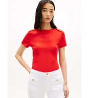 tommy hilfiger para mujer ww0ww49250 camiseta slim de cuello barco con botones rojo m casual algodon manga corta