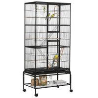 pawhut jaula para pajaros con ruedas 83x53x180 cm pajarera metalica de 3 niveles con 3 perchas comederos y juguetes negro   aosom espana