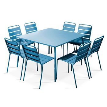 Mesa De Jardín Y 8 Sillas De Metal Azul Pacífico, Palavas - Oviala