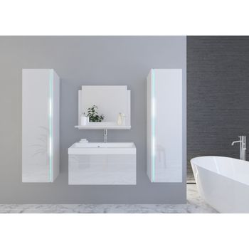 Conjunto De Muebles De Baño Blanco Colección Bird, Columnas, Mueble Bajo Lavabo De 80 Cm, Espejo, Sifón Y Leds.