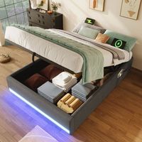cama tapizada individual 90 x 200 cm gris almacenaje hidraulico y led multicolor