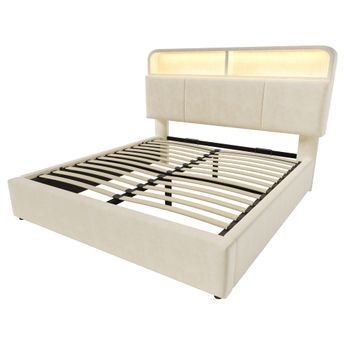 Cama De Terciopelo Beige 140 X 190 Cm Con Canapé, Cabecero Regulable, Led Y Usb-c