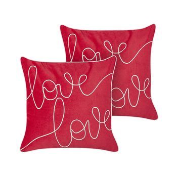 Conjunto De 2 Cojines Almohada Decorativa De Terciopelo Bordada A Mano Con Escritura Cuadrado 45 X 45 Cm Rojo Siderasis