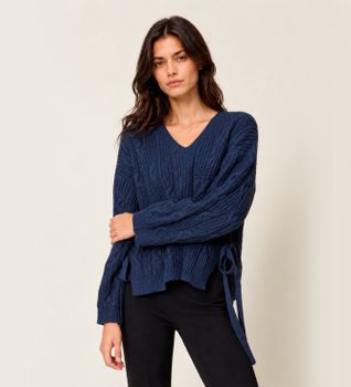 Twinset para mujer. 262TT3010 Jersey de lana mixta con lazos marino (XS), Azul, Casual, Manga larga