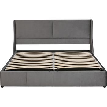 Cama De Matrimonio Con Respaldo Acolchado, Diseño De Oreja, Caja De Almacenamiento Hidráulico, 160x200 Cm, Color Gris, Alta Resistencia (300 Kg), Materiales Premium, Fácil Instalación, Sin Colchón