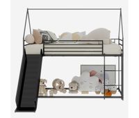 cama alta doble para ninos - con tobogan y forma de casa sin colchon - negro
