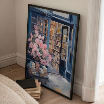 Cuadro libreria azul, marco negro, 50x70 cm