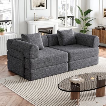 Sofá Cama 2 En 1 De Chenilla Gris, Modular Con Tres Bastidores De Acero