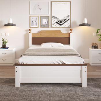 Cama Individual Para Adulto De Pino Macizo, Con Cabecera Y Pie De Mdf, Diseño Color-blocking, Pie Central, Blanco, 90x200 Cm