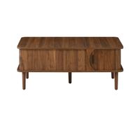 mesa de centro elevable - estilo moderno retro tablero regulable en altura puerta corredera acabado efecto nogal ranuras verticales patas de madera multifuncional - nogal