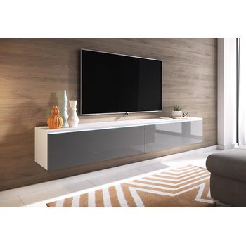 Mueble De Tv Lowboard D 180 Cm, Mueble De Televisión, Mueble De Salón, Con Iluminación Led, Color Blanco/gris Brillo