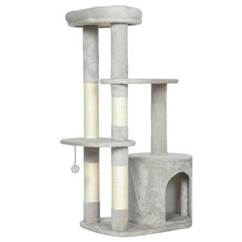 PawHut Árbol rascador 114 cm torre para gatos con cueva, postes de sisal, plataforma, de varios niveles para gatos medianos de menos de 6 kg, Gris claro